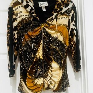 Joseph Ribkoff Beige and Black Animal  Print Patterned Jacket with hoodie